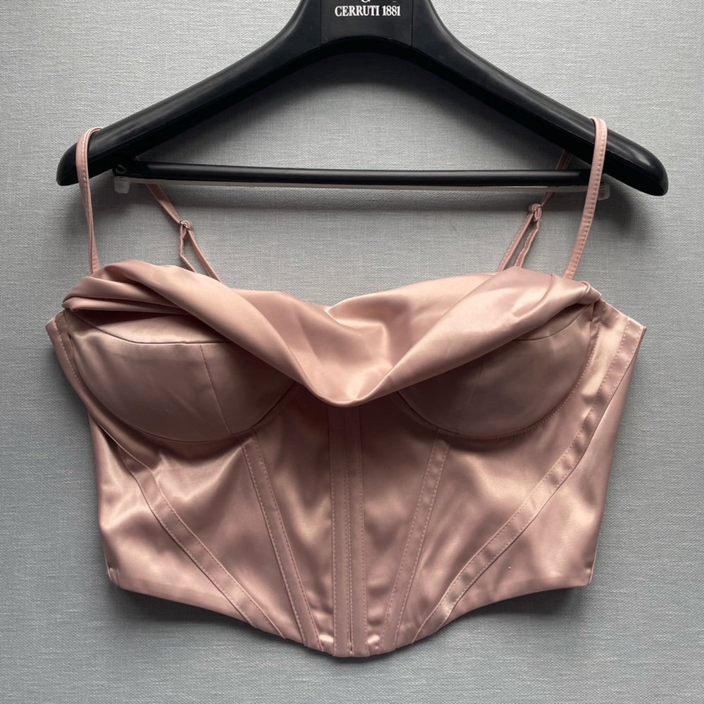 Draped Seam Front Satin Bustier Cami Top - Champagne Pink - size small